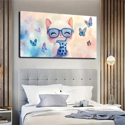 Whimsical White Kitten Glasses Wall Art Canvas Office Home Room Framed 120x60cm - Bella Home Decor