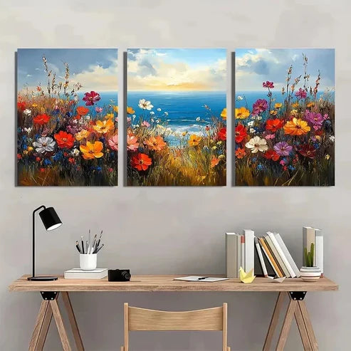 3pcs Wildflower Floral Seaside Landscape Perfect Wall Art Set – Wall Art Canvas Unframed - High Quality Print 100% Australian Made Wall Canvas