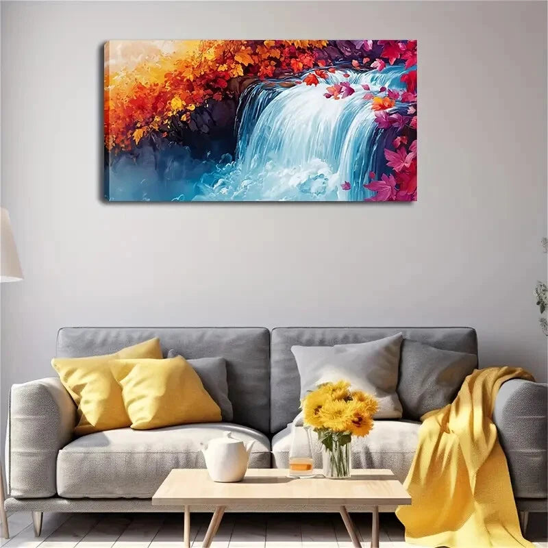 Vibrant Waterfall Scene Foliage Wall Art Canvas Office Home Room Framed 120x60cm - Bella Home Decor