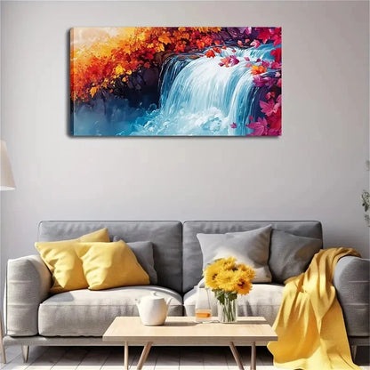 Vibrant Waterfall Scene Foliage Wall Art Canvas Office Home Room Framed 120x60cm - Bella Home Decor