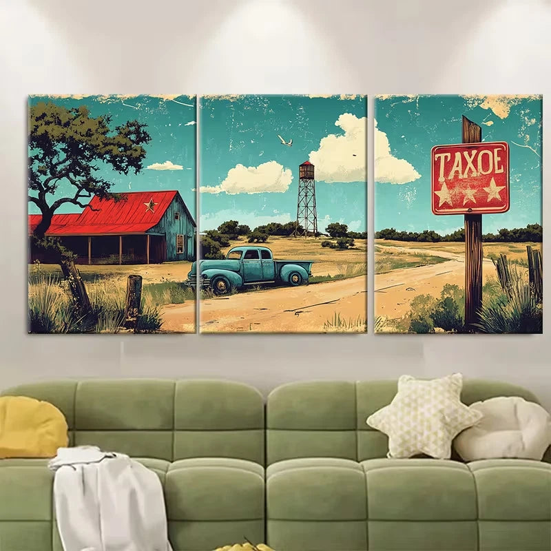 3pcs Texas Travel Traditional Art Style Metal Print Ready to Hang Art