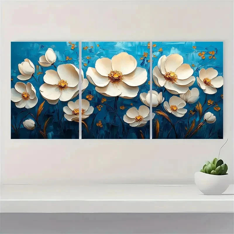 3pcs  Floral Art Painting Blue Home DF     Wall Art Set Canvas Framed 50x70cm - High Quality Print 100% Australian Made Wall Canvas Ready to Hang - Bella Home Decor