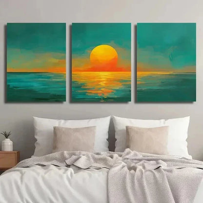 3pcs Bold Turquoise And Orange Sunset Wall Art Set Canvas Unframed - High Quality Print 100% Australian Made Wall Canvas - Bella Home Decor