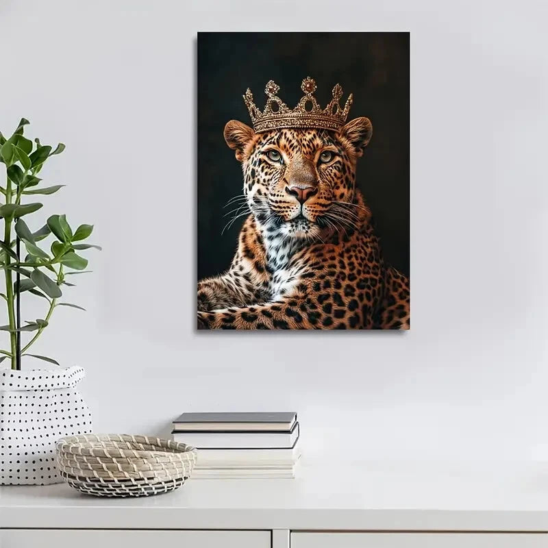 Majestic Crowned Leopard Portrait Dramatic Painting 40x60cm Metal Print Ready to Hang - Bella Home Decor