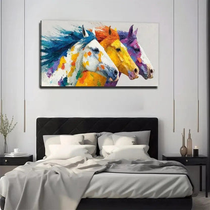 Three Colorful Horses Wall Art Canvas Office Home Room Framed 120x60cm