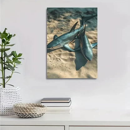 Realistic Shark Scene on Sandy Beach Painting 40x60cm Metal Print Ready to Hang - Bella Home Decor