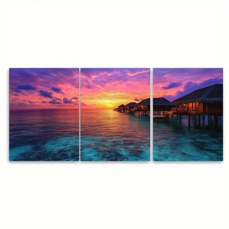 3pc Overwater Bungalows Print Luxury RO Wall Art Set Canvas Framed 40x60cm - High Quality Print 100% Australian Made Wall Canvas Ready to Hang - Bella Home Decor
