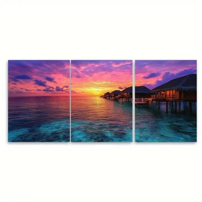 3pc Overwater Bungalows Print Luxury RO Wall Art Set Canvas Framed 40x60cm - High Quality Print 100% Australian Made Wall Canvas Ready to Hang - Bella Home Decor
