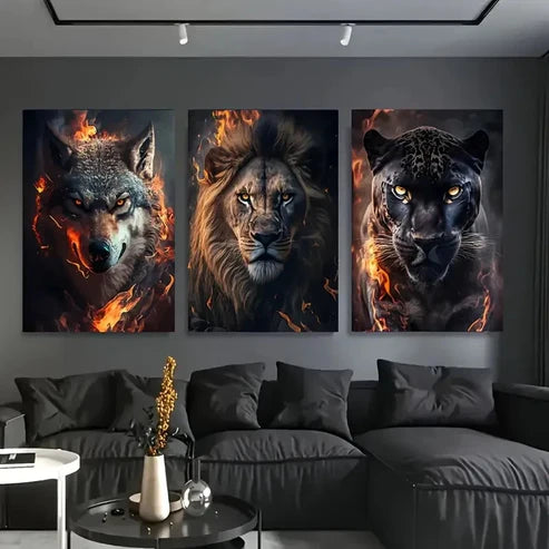 3pcs Fierce Wolf, Lion, and Leopard Wall Art Set Canvas Unframed – High Quality Print 100% Australian Made Wall Canvas