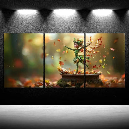 3pcs The Leaf Girl Dancing In The Forest Modern Metal Print Ready to Hang Art - Bella Home Decor