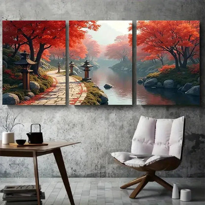 3pcs Vibrant Foliage & Calming River Scene Wall Art Set Canvas Framed 60x90cm - High Quality Print 100% Australian Made Wall Canvas Ready to Hang