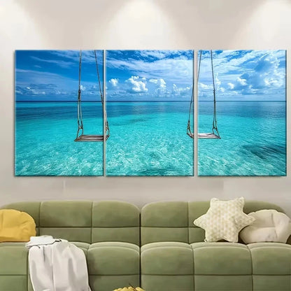 3pcs Tropical Exotic Water Swings Blue Seascape Wall Art Set Canvas Framed 50x70cm - High Quality Print 100% Australian Made Wall Canvas Ready to Hang