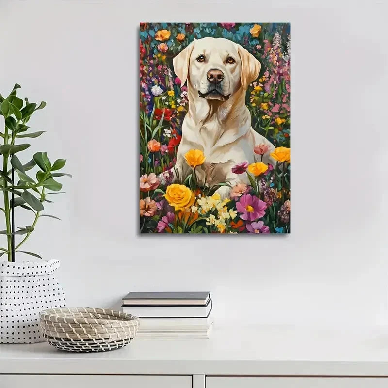 Flowers And Plants Cute Labrador Retriever Painting 40x60cm Metal Print Ready to Hang - Bella Home Decor