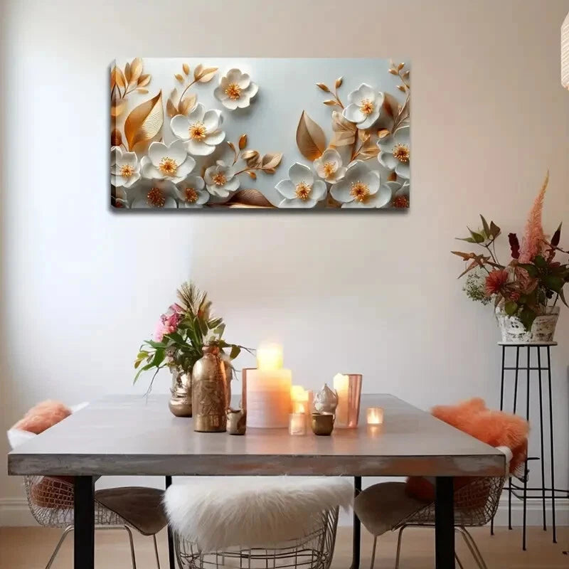 Elegant White Flowers Golden Wall Art Canvas Office Home Room Framed 120x60cm - Bella Home Decor