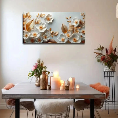 Elegant White Flowers Golden Wall Art Canvas Office Home Room Framed 120x60cm - Bella Home Decor
