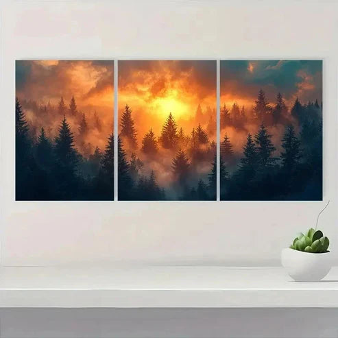 3pcs Sunrise Forest Misty Landscape D Wall Art Set Canvas Unframed - High Quality Print 100% Australian Made Wall Canvas