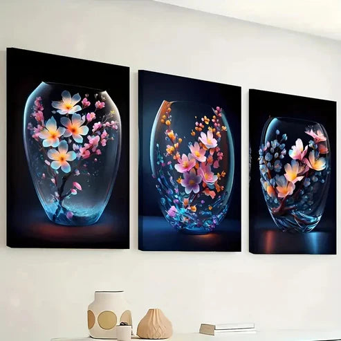 3pcs Modern Floral Flower Blue & Orange Perfect Wall Art Canvas Unframed - High Quality Print 100% Australian Made Wall Canvas
