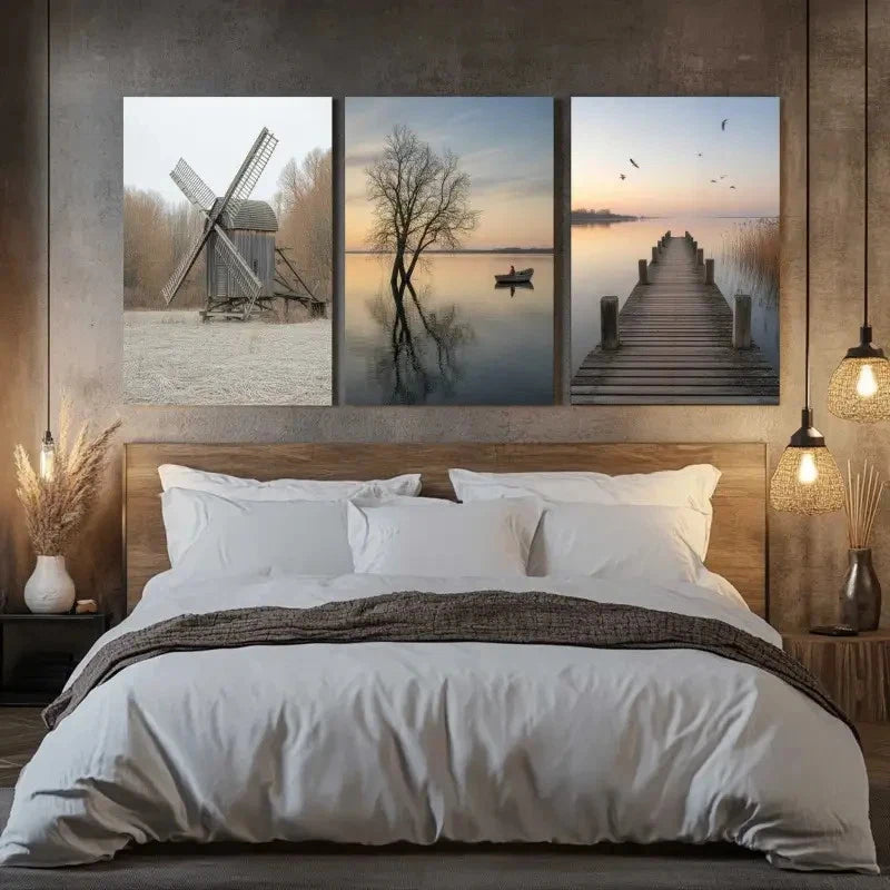 3pcs Windmill Lake  Pier Scenes with Birds & Trees Metal Print Ready to Hang Art