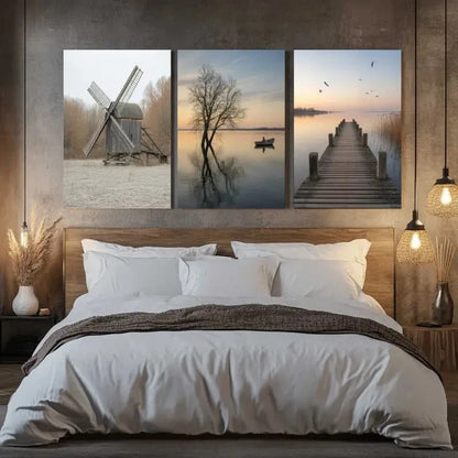 3pcs Windmill Lake  Pier Scenes with Birds & Trees Metal Print Ready to Hang Art