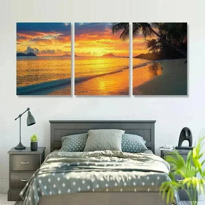 3pcs Tropical Beach Sunset with Palm Trees Wall Art Canvas Unframed - High Quality Print 100% Australian Made Wall Canvas