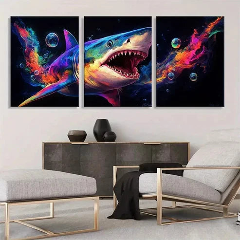 3pcs Colorful Shark Rainbow Splash Perfect Wall Art Set Canvas Unframed - High Quality Print 100% Australian Made Wall Canvas - Bella Home Decor