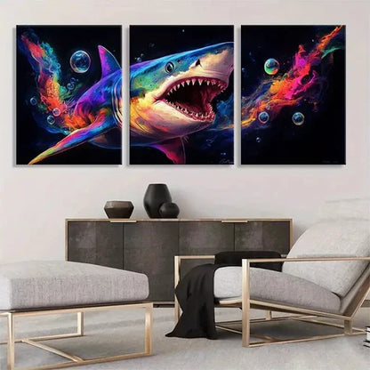 3pcs Colorful Shark Rainbow Splash Perfect Wall Art Set Canvas Unframed - High Quality Print 100% Australian Made Wall Canvas - Bella Home Decor