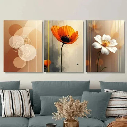 3pcs Abstract Floral Vertical Orange & White Wall Art Set Canvas Unframed - High Quality Print 100% Australian Made Wall Canvas - Bella Home Decor