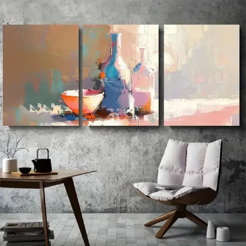 3pcs Abstract Bottles and Bowl Textured Painting Metal Print Ready to Hang Art - Bella Home Decor