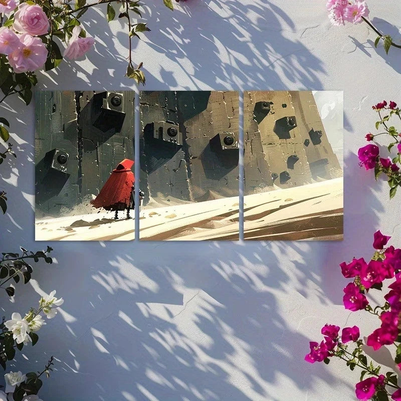 3pcs Adventurer in A Red Cape with A Sword Metal Print Ready to Hang Art - Bella Home Decor