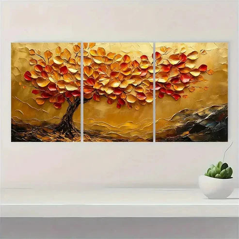 3pcs Abstract Tree Leaves Golden Leaf tu  Wall Art Set Canvas Unframed - High Quality Print 100% Australian Made Wall Canvas - Bella Home Decor