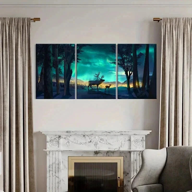 3pcs Modern Aurora Countryside Elk Deer Wall Art Set Canvas Framed 50x70cm - High Quality Print 100% Australian Made Wall Canvas Ready to Hang - Bella Home Decor