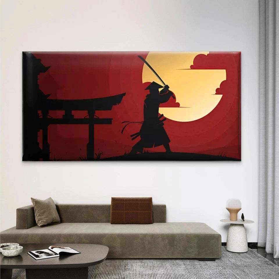 Samurai Sunset Silhouette Wall Art Canvas Office Home Room Framed 120x60cm
