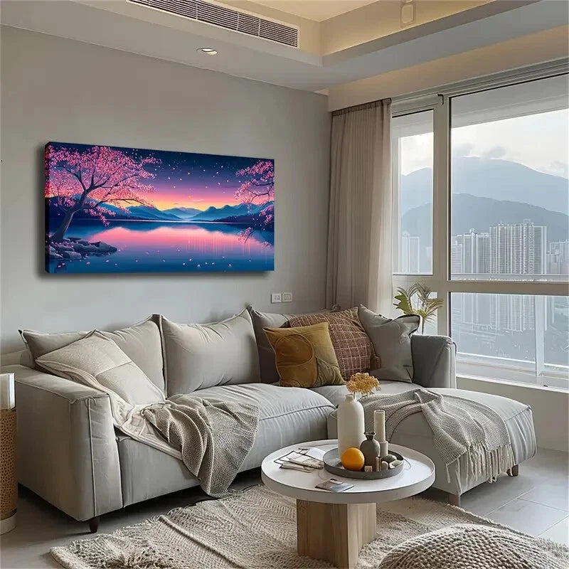 Pink Sakura Trees Starry Night Wall Art Canvas Office Home Room Framed 120x60cm - Bella Home Decor