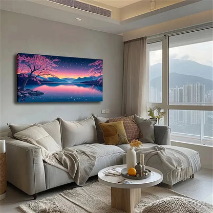 Pink Sakura Trees Starry Night Wall Art Canvas Office Home Room Framed 120x60cm - Bella Home Decor