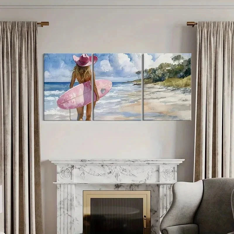 3pcs Hyams Beach Girl Hat Surfboard Beach Scene Wall Art Set Canvas Framed 40x60cm - High Quality Print 100% Australian Made Wall Canvas Ready to Hang - Bella Home Decor