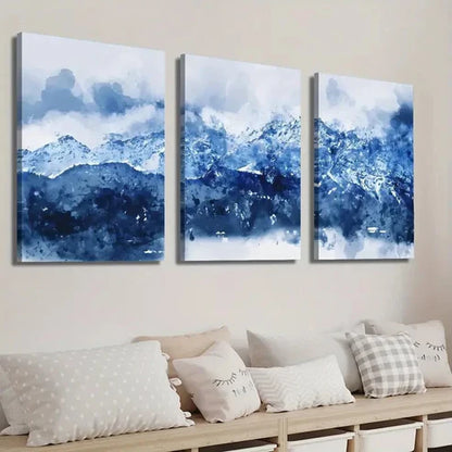 3pcs Abstract Blue White Navy Blue Mountains Wall Art Set Canvas Unframed - High Quality Print 100% Australian Made Wall Canvas - Bella Home Decor