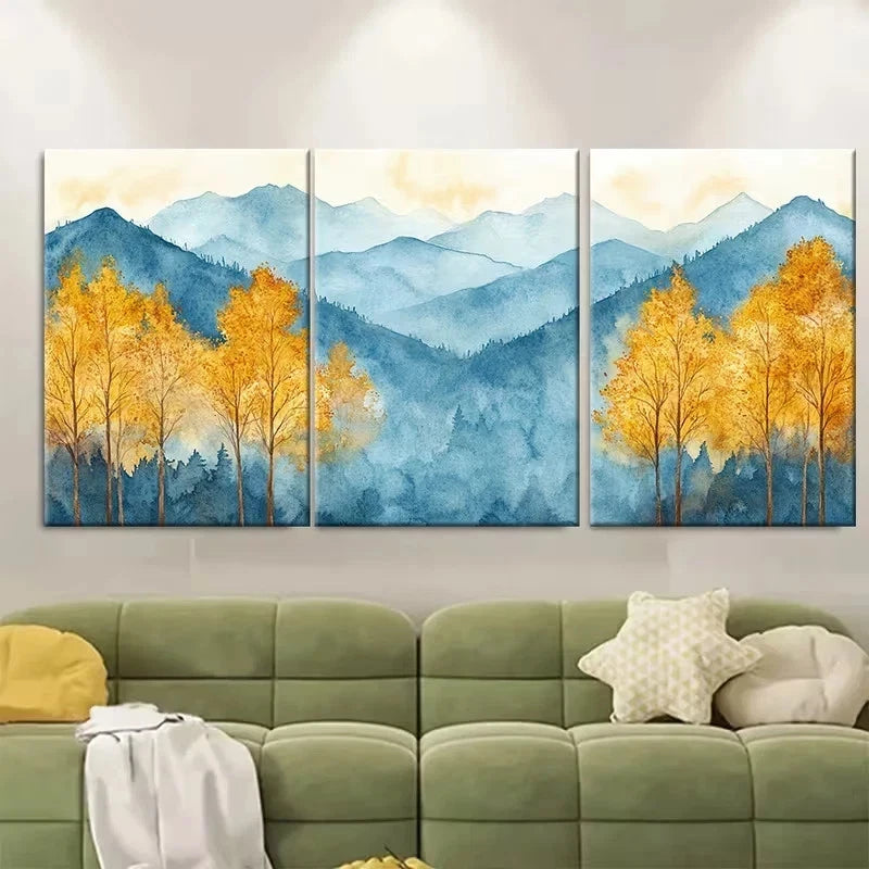 3pcs Golden Yellow Fall Trees & Misty Mountains Wall Art Set Canvas Framed 40x60cm – High Quality Print 100% Australian Made Wall Canvas Ready to Hang - Bella Home Decor