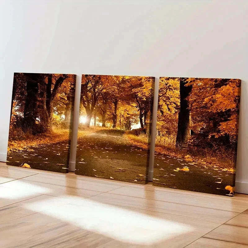 3pcs Path Strewn with Fallen Leaves Wall Art Set Canvas Framed 40x60cm - High Quality Print 100% Australian Made Wall Canvas Ready to Hang - Bella Home Decor