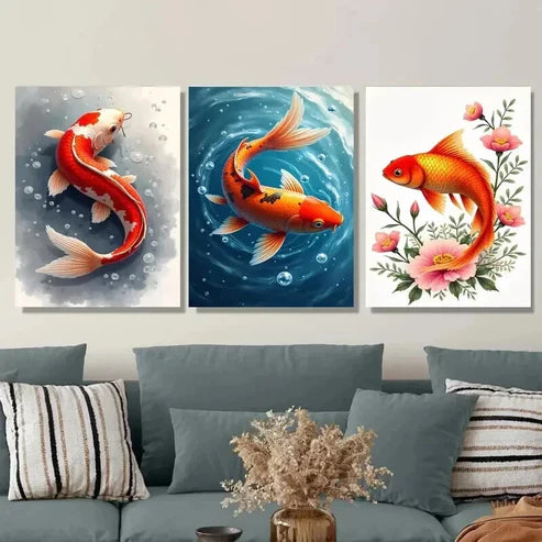 3pcs Modern Koi Fish Orange & White Koi Wall Art Set Canvas Unframed - High Quality Print 100% Australian Made Wall Canvas