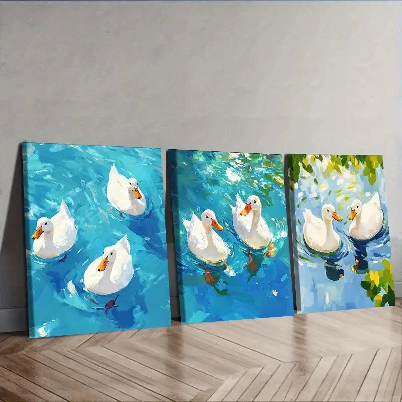 3pcs White Ducks Swimming Wall Art Set Canvas Framed 40x60cm - High Quality Print 100% Australian Made Wall Canvas Ready to Hang - Bella Home Decor