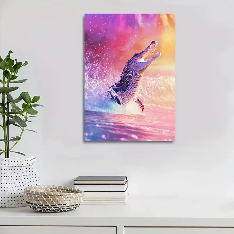 Vibrant Crocodile Mystical Aura Beach Splash Painting 40x60cm Metal Print Ready to Hang - Bella Home Decor