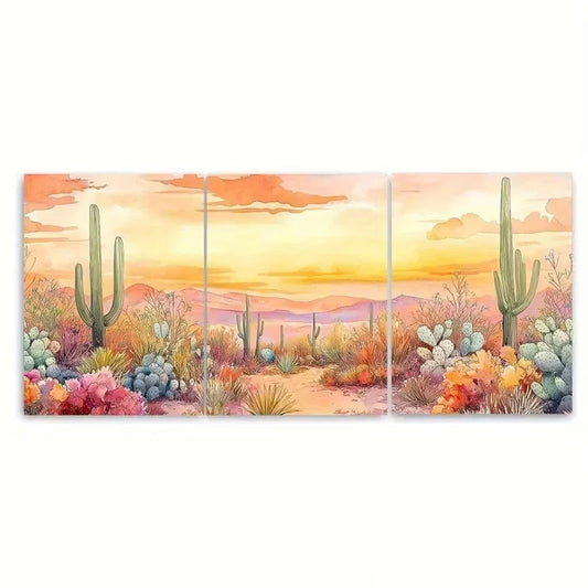 3pcs Colorful Cacti & Wildflowers Desert Sunset Wall Art Set Canvas Framed 50x70cm - High Quality Print 100% Australian Made Wall Canvas Ready to Hang