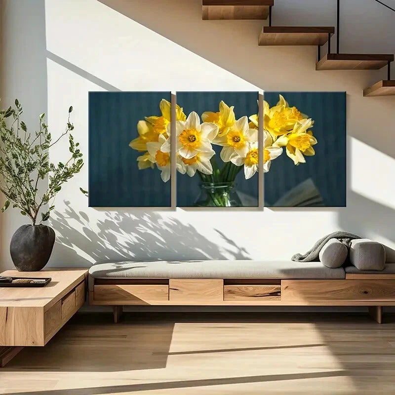 3pcs Yellow White Flower Narcissus Wall Art Set Canvas Framed 50x70cm - High Quality Print 100% Australian Made Wall Canvas Ready to Hang - Bella Home Decor
