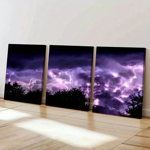 3pcs Purple Lightning Thunder Weather Wall Art Canvas Unframed - High Quality Print 100% Australian Made Wall Canvas