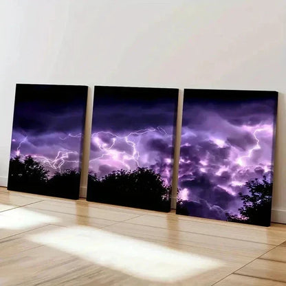 3pcs Purple Lightning Thunder Weather Wall Art Canvas Unframed - High Quality Print 100% Australian Made Wall Canvas