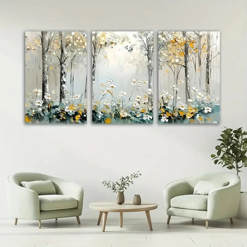 3pcs Abstract Forest White Flowers Metal Print Ready to Hang Art - Bella Home Decor