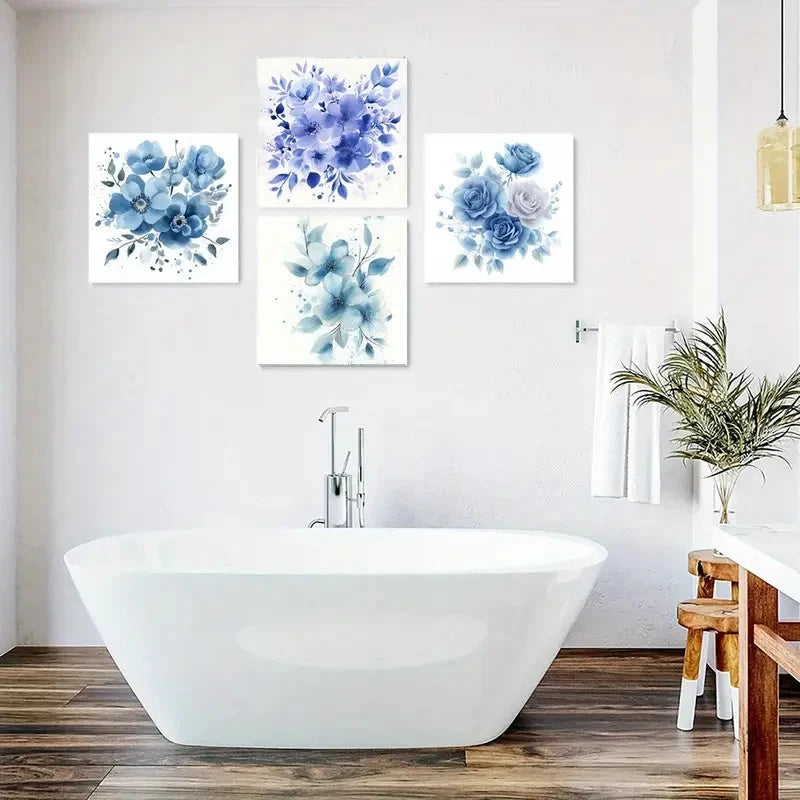 4pcs Blue Flower Canvas Prints Wall Art Canvas Framed