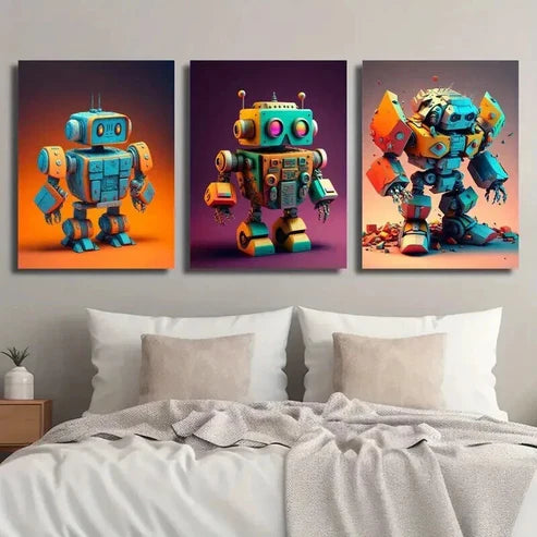 3pcs Blue & Orange Toy Robots Decor Wall Art Set Canvas Unframed - High Quality Print 100% Australian Made Wall Canvas - Bella Home Decor