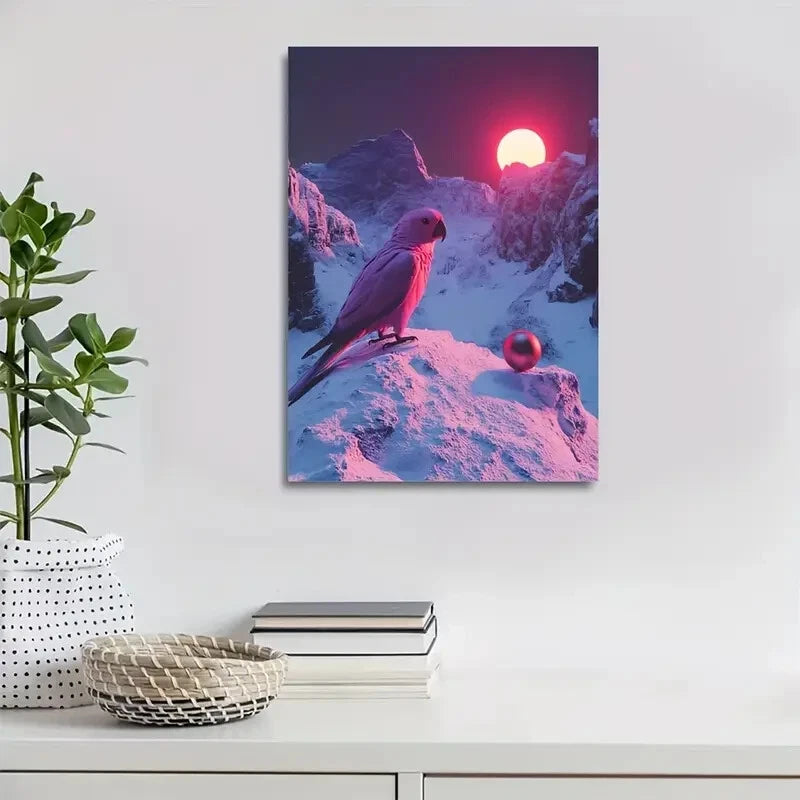 Realistic Parrot & Snowy Mountain Scene Painting 40x60cm Metal Print Ready to Hang - Bella Home Decor