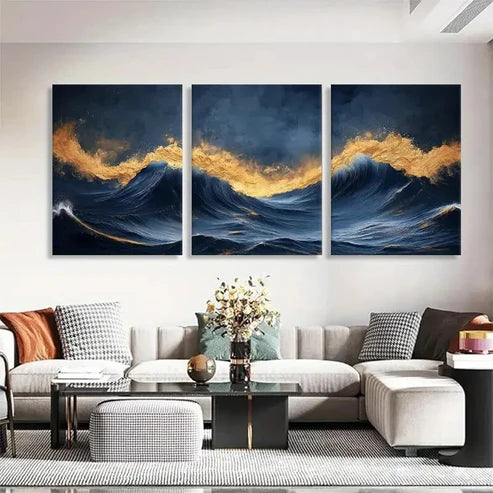 3pcs Golden Ocean Waves with Fiery Glow Perfect Wall Art Set Canvas Unframed - High Quality Print 100% Australian Made Wall Canvas - Bella Home Decor